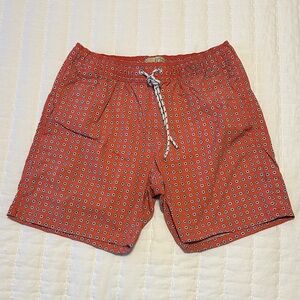 J Crew Men’s Swim Trunks Coral Red Geometric Print Drawstring Lined Size Small